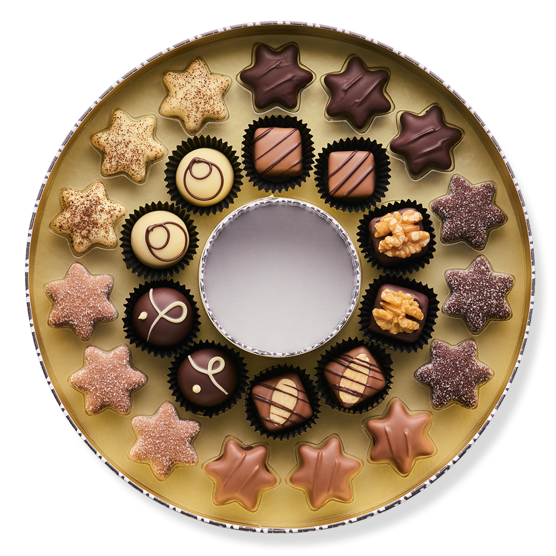 Große Geschenkschachtel »Adventskranz« Pralinenschachtel Adventskranz offen mit Trüffelsternen und Pralinen