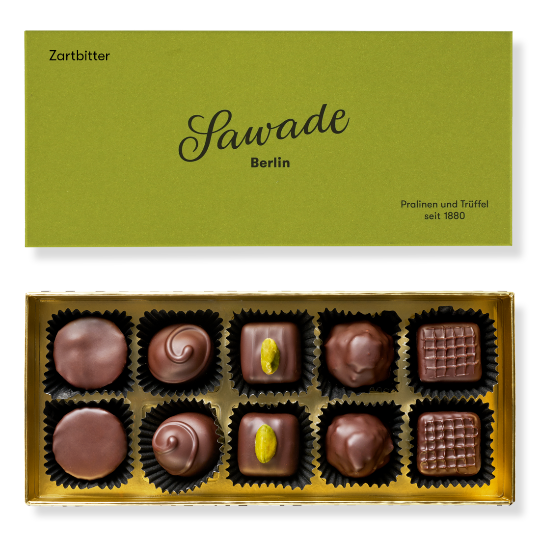 Pralinenschachtel Zartbitter Produktbild: Klassische Pralinenschachtel, Ansicht vom Deckel außen einfarbig Hellgrün und Innenansicht mit zehn unterschiedlichen Pralinen in fünf Sorten