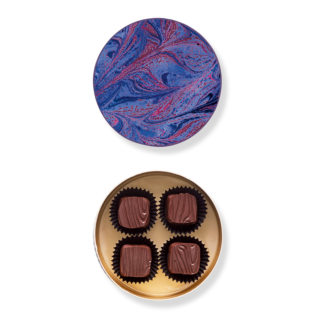 Produktbild: Kleine Runddose, Ansicht vom Deckel innen mit Marmormuster violett-blau und Innenansicht mit vier Königin Luise Pralinen
