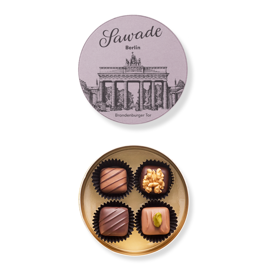 Produktbild: Kleine Runddose, Ansicht vom Deckel außen mit Motiv Brandenburger Tor und Innenansicht mit vier unterschiedlichen Pralinen