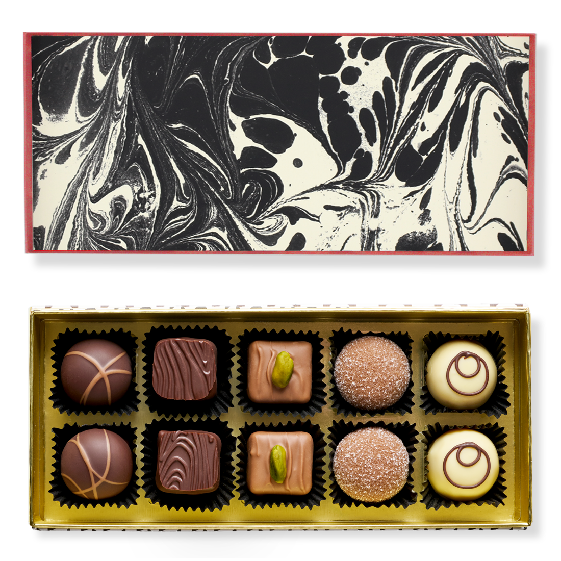 Pralinenschachtel »Mistelzweig« Produktbild: Klassische Pralinenschachtel, Ansicht vom Deckel innen mit Marmormuster schwarz-weiß und Innenansicht mit zehn unterschiedlichen Pralinen in fünf Sorten