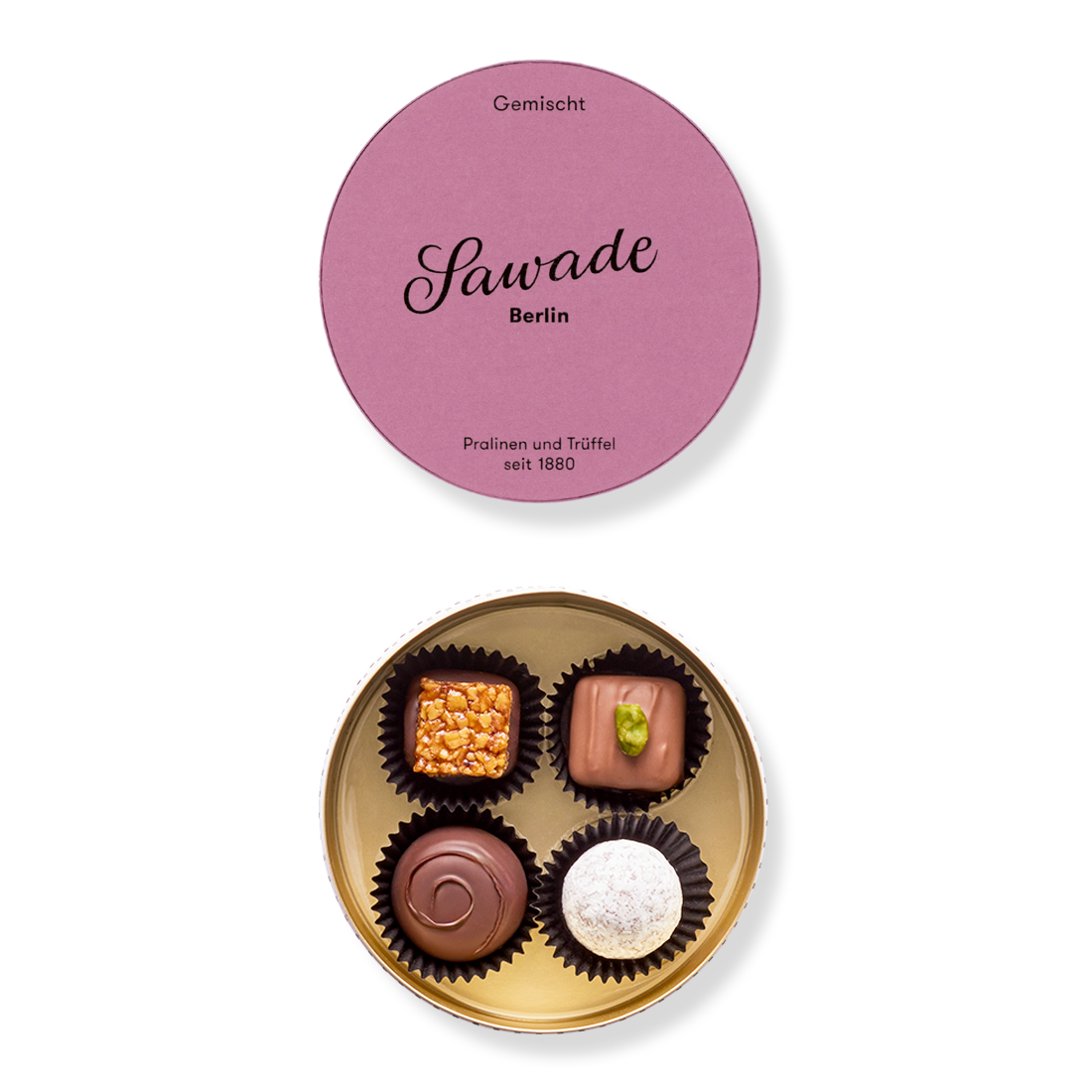 Produktbild: Runddose mit gemischten Pralinen mit geöffnetem Deckel