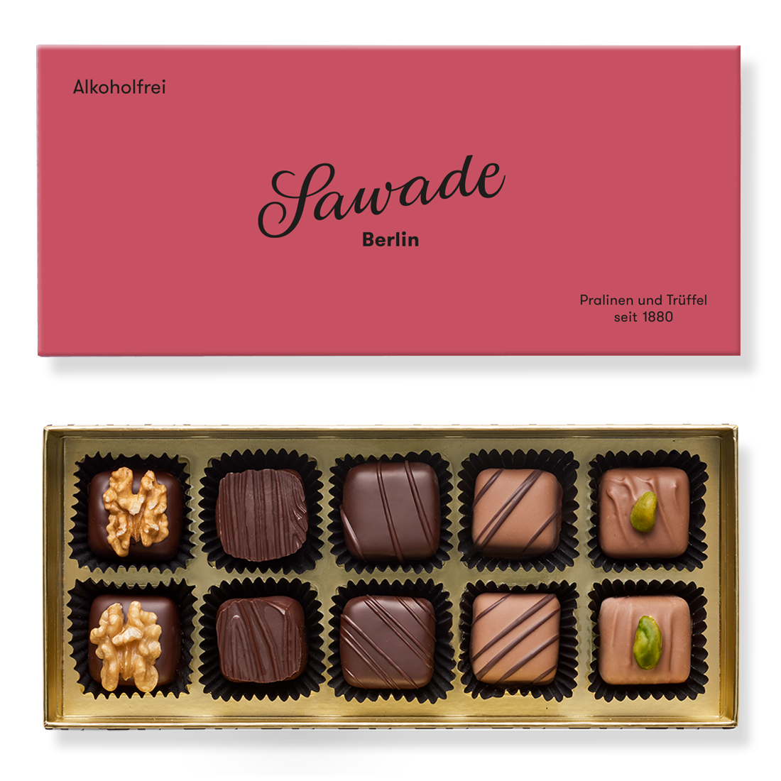 Produktbild: Klassische Pralinenschachtel, Ansicht vom Deckel außen einfarbig Rot und Innenansicht mit zehn unterschiedlichen Pralinen in fünf Sorten