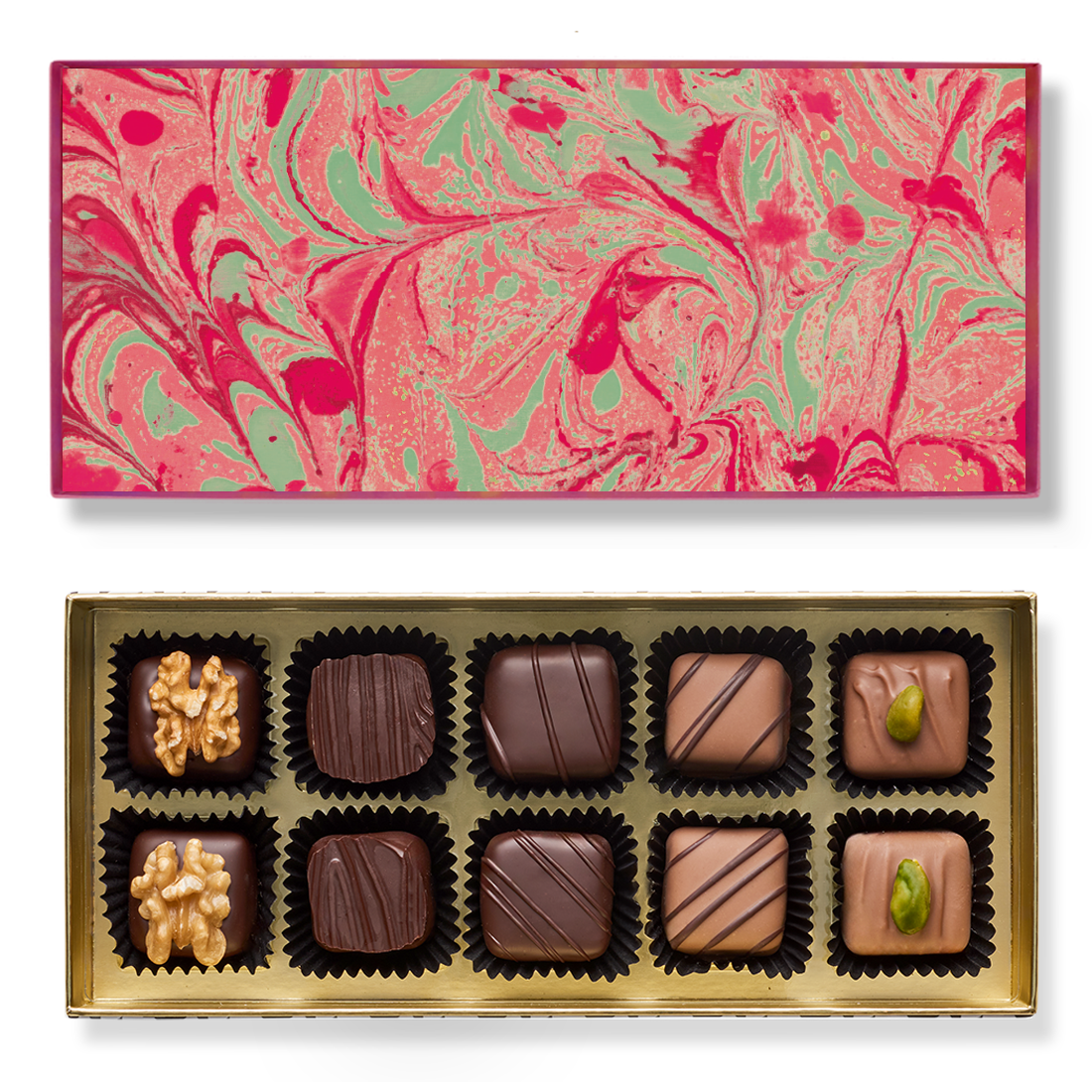 Produktbild: Klassische Pralinenschachtel, Ansicht vom Deckel innen mit Marmormuster rot-mehrfarbig und Innenansicht mit zehn unterschiedlichen Pralinen in fünf Sorten