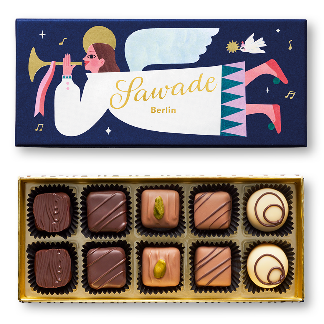 Klassische Pralinenschachtel geöffnet mit Motiv Engel