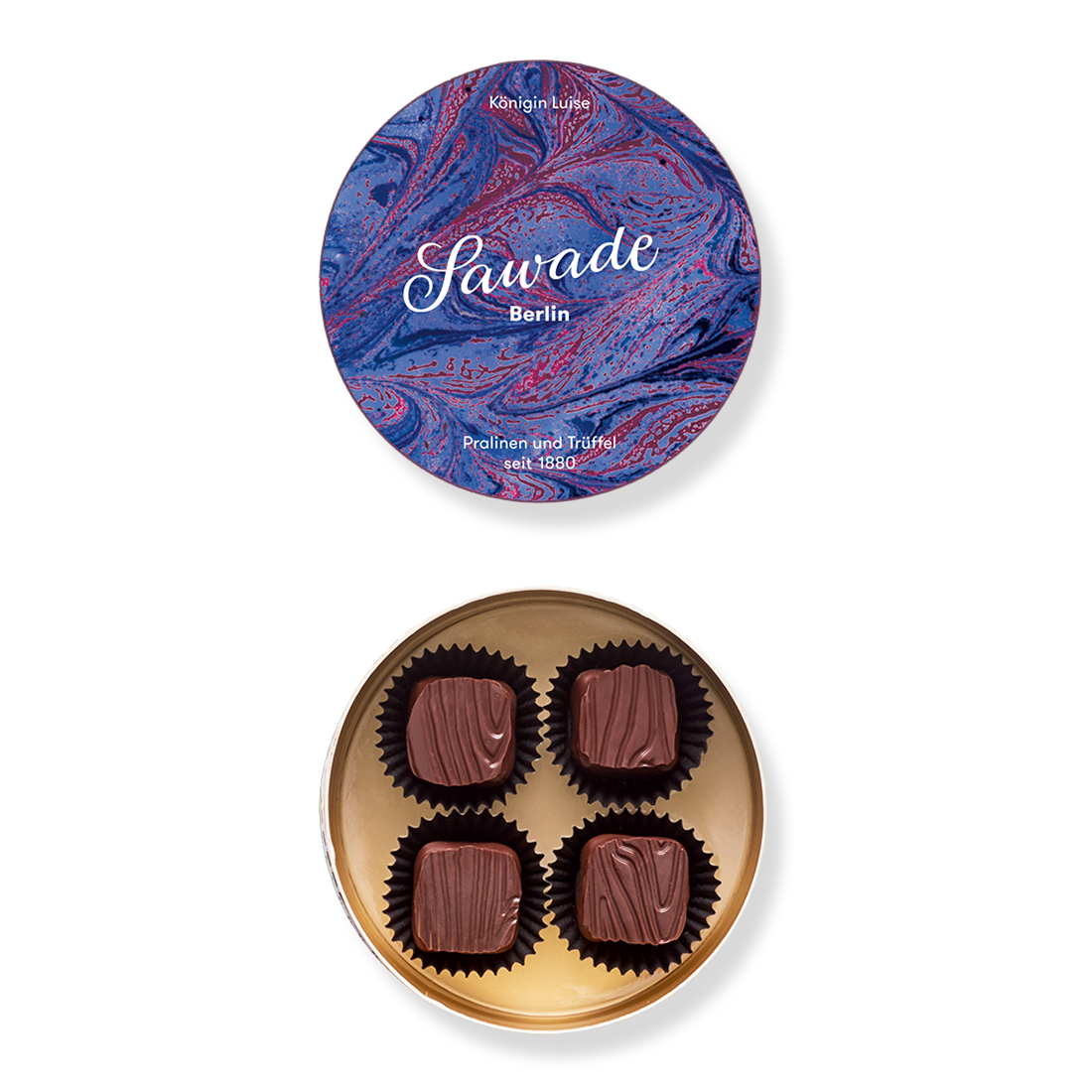 Produktbild: Kleine Runddose, Ansicht vom Deckel außen mit Marmormuster violett-blau und Innenansicht mit vier Königin Luise Pralinen