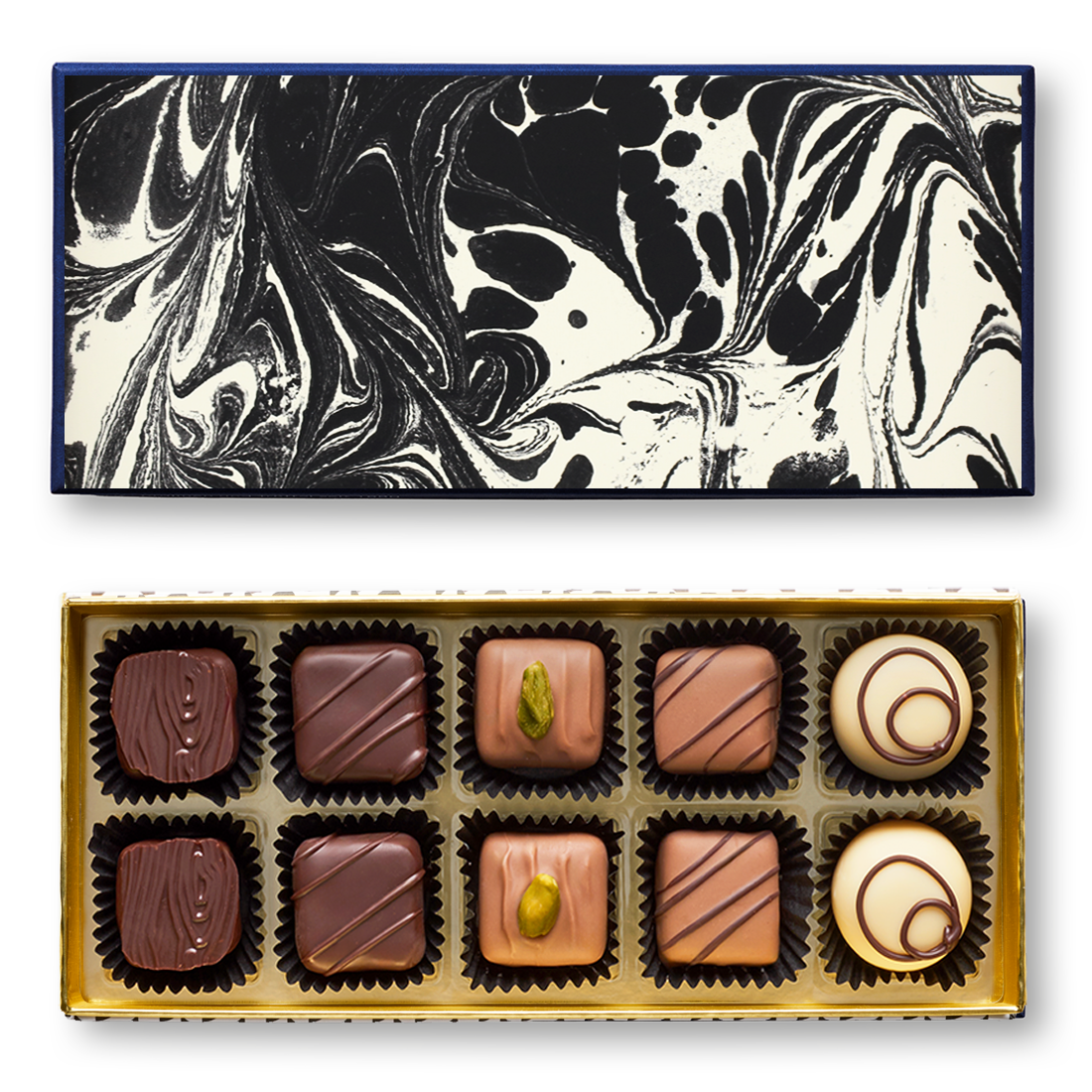 Pralinenschachtel »Engel« Klassische Pralinenschacht geöffnet mit Pralinen