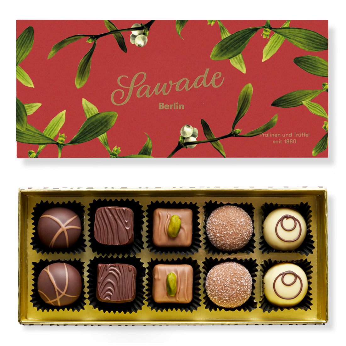 Pralinenschachtel »Mistelzweig« Produktbild: Klassische Pralinenschachtel, Ansicht vom Deckel außen mit weihnachtlichem Motiv Mistelzweig und Innenansicht mit zehn unterschiedlichen Pralinen in fünf Sorten