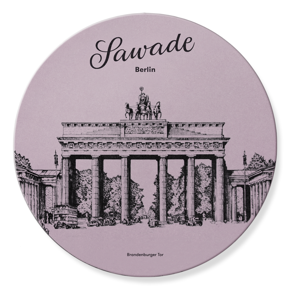 Bonbonniere Brandenburger Tor Produktbild: Große, runde Pralinenschachtel, Ansicht vom Deckel außen mit Motiv Brandenburger Tor