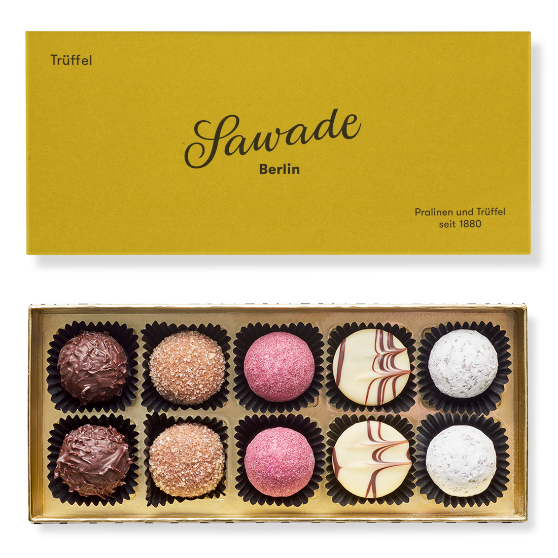 Pralinenschachtel Trüffel Produktbild: Klassische Pralinenschachtel, Ansicht vom Deckel außen einfarbig Gelb und Innenansicht mit zehn unterschiedlichen Pralinen in fünf Sorten