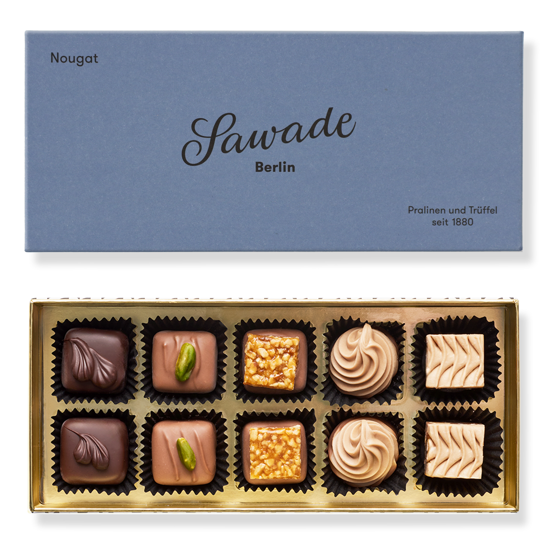 Produktbild: Klassische Pralinenschachtel, Ansicht vom Deckel außen einfarbig Hellblau und Innenansicht mit zehn unterschiedlichen Pralinen in fünf Sorten