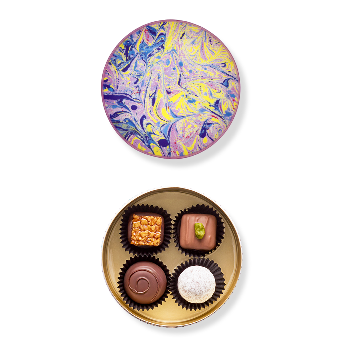 Produktbild: Runddose mit gemischten Pralinen mit geöffnetem Deckel