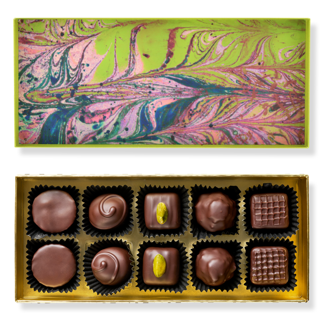 Produktbild: Klassische Pralinenschachtel, Ansicht vom Deckel innen mit Marmormuster grün-mehrfarbig und Innenansicht mit zehn unterschiedlichen Pralinen in fünf Sorten